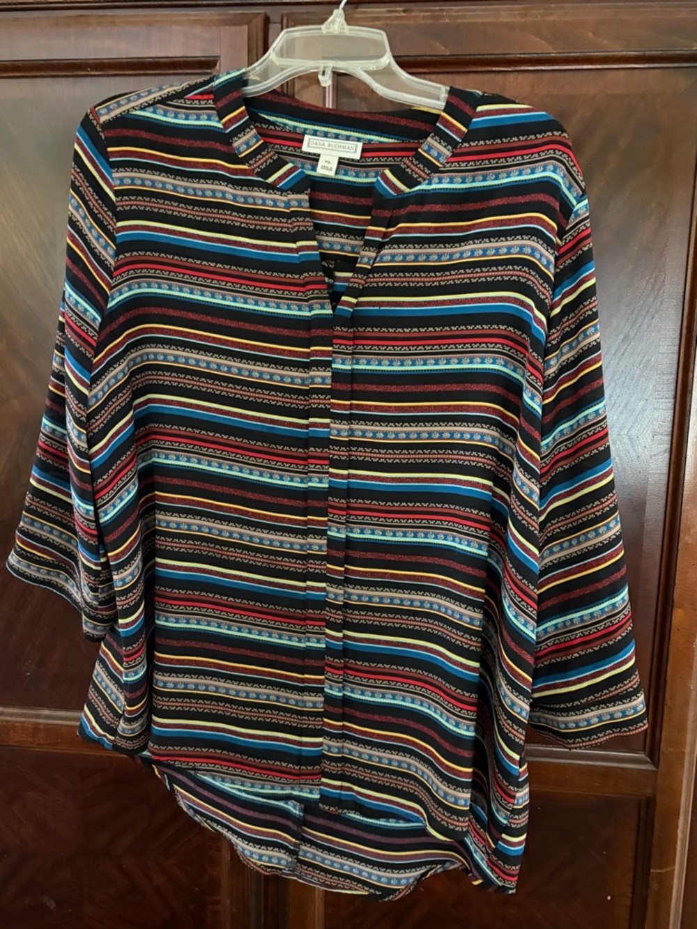 Dana Buchman Black Multi-Color Striped Button-Front Tunic